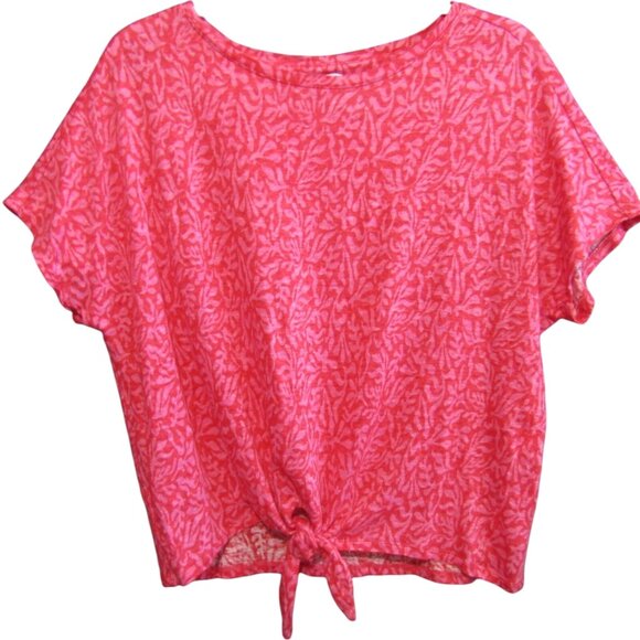 Chicos 100% Linen Red Pink Leaf Print Top Womens Size M 1 Tie Front Short Sleeve - Picture 1 of 6